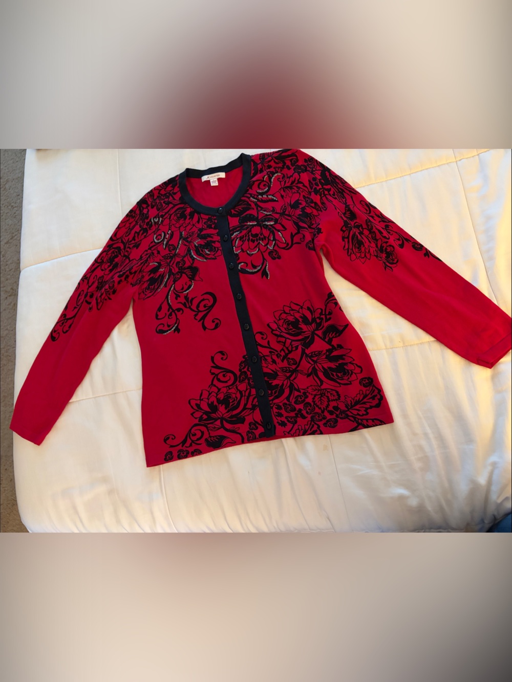 JM Collection Red Cardigan with Black Floral Accents sequins/Glitter Size Large